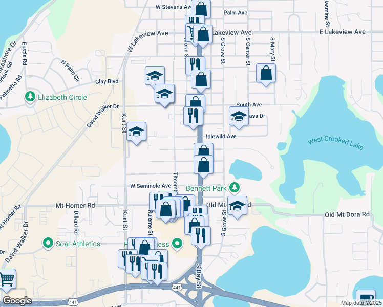 map of restaurants, bars, coffee shops, grocery stores, and more near 2200 South Bay Street in Eustis
