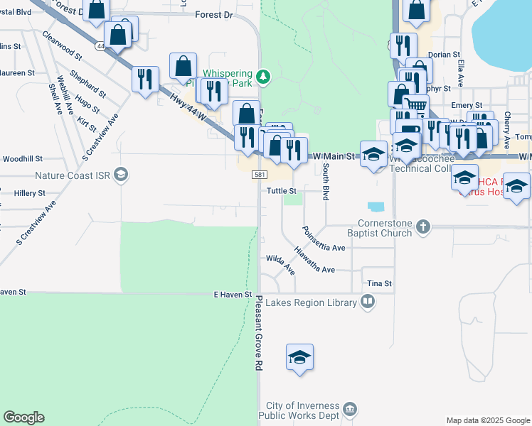 map of restaurants, bars, coffee shops, grocery stores, and more near 227 Pleasant Grove Road in Inverness