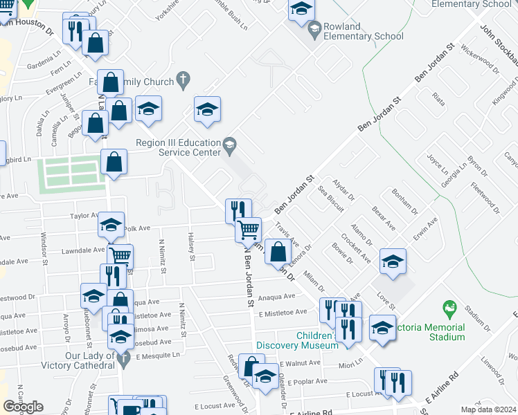 map of restaurants, bars, coffee shops, grocery stores, and more near 1906 Sam Houston Drive in Victoria