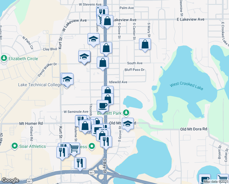 map of restaurants, bars, coffee shops, grocery stores, and more near 110 East Chesley Avenue in Eustis