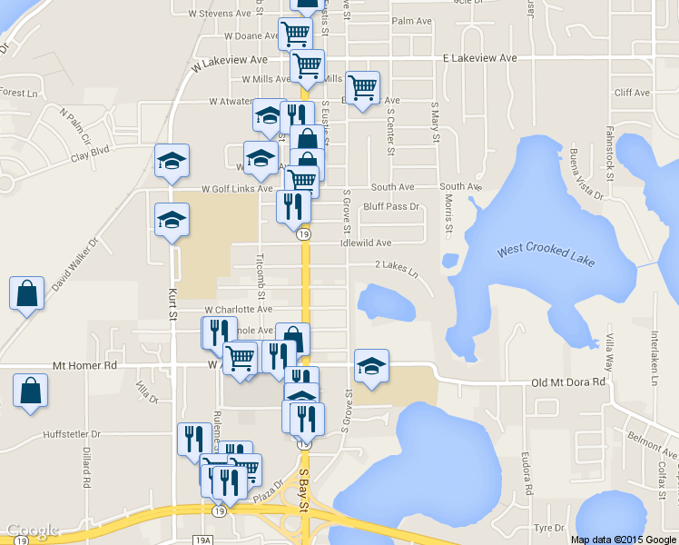 map of restaurants, bars, coffee shops, grocery stores, and more near 2206 South Grove Street in Eustis