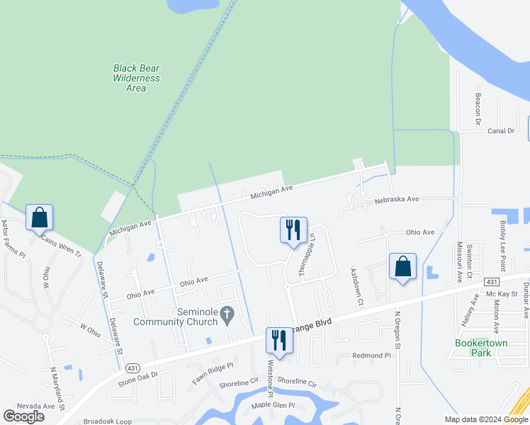 map of restaurants, bars, coffee shops, grocery stores, and more near 1661 Stargazer Terrace in Sanford