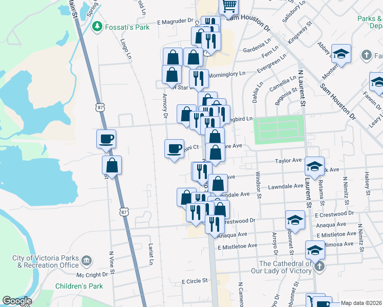 map of restaurants, bars, coffee shops, grocery stores, and more near 4103 North Navarro Street in Victoria