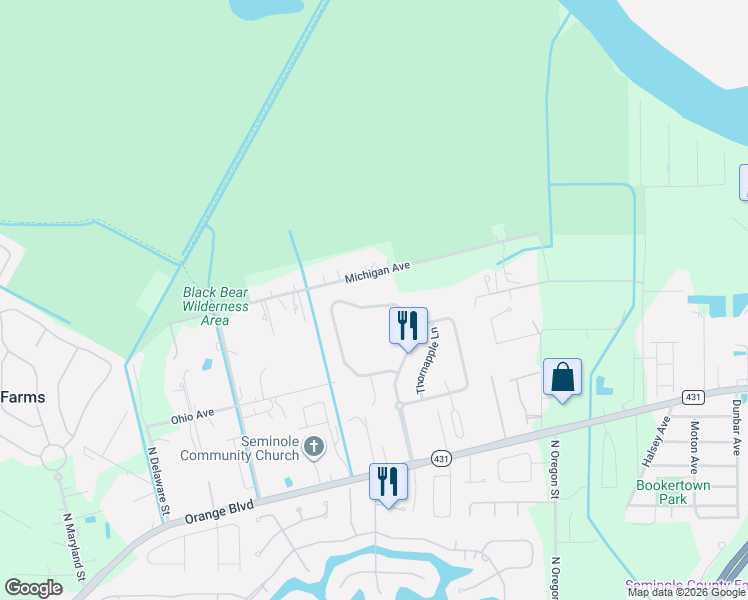 map of restaurants, bars, coffee shops, grocery stores, and more near 1637 Stargazer Terrace in Sanford