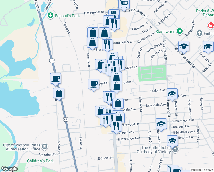 map of restaurants, bars, coffee shops, grocery stores, and more near 4103 North Navarro Street in Victoria