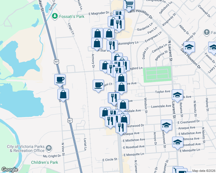 map of restaurants, bars, coffee shops, grocery stores, and more near 4103 North Navarro Street in Victoria