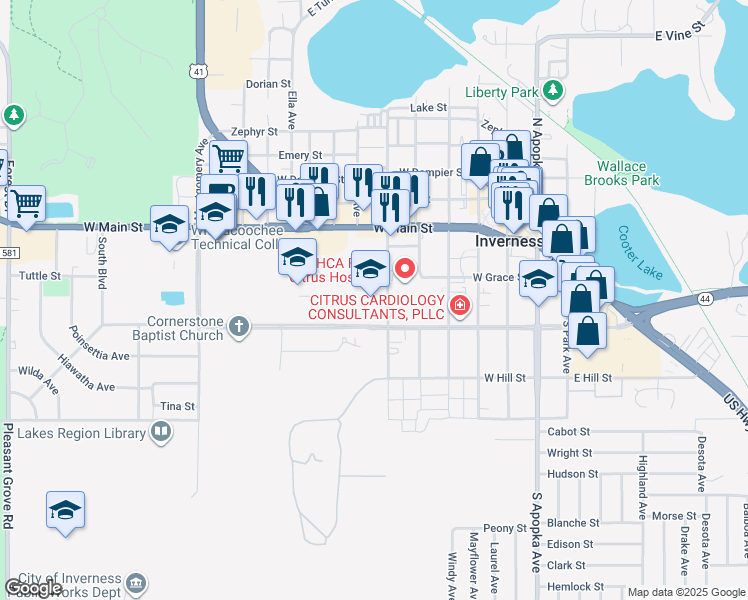 map of restaurants, bars, coffee shops, grocery stores, and more near 206 South Line Avenue in Inverness