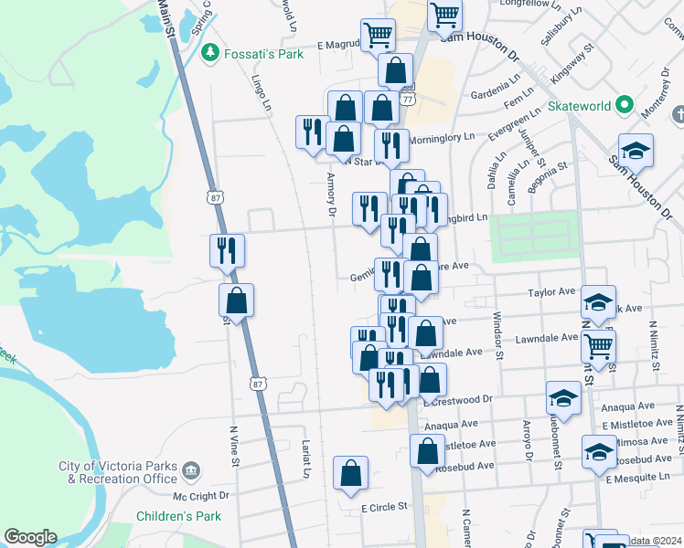 map of restaurants, bars, coffee shops, grocery stores, and more near 124 Gemini Court in Victoria