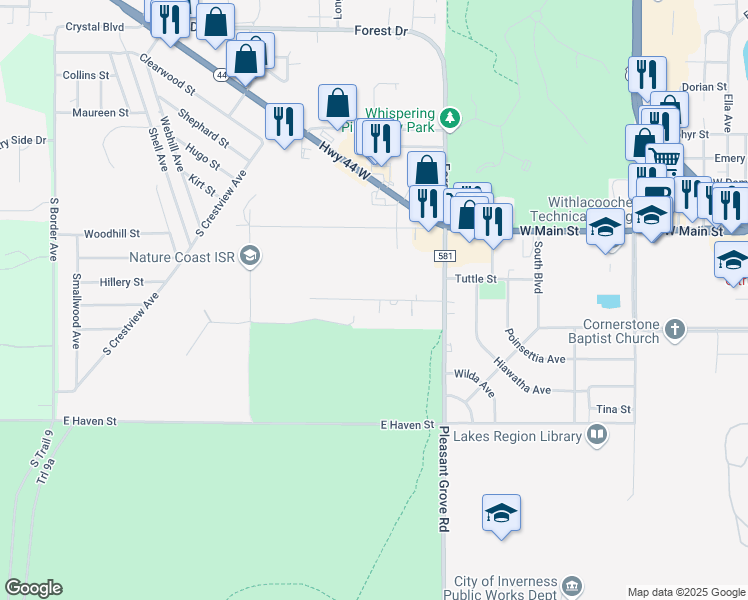 map of restaurants, bars, coffee shops, grocery stores, and more near 1825 Kimberly Lane in Inverness