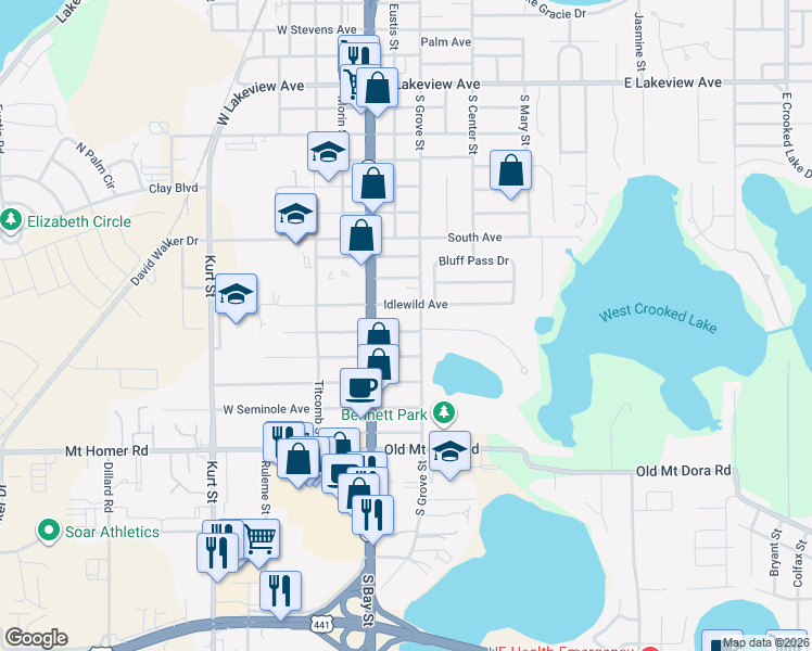 map of restaurants, bars, coffee shops, grocery stores, and more near 2206 South Grove Street in Eustis