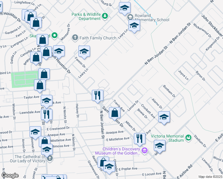 map of restaurants, bars, coffee shops, grocery stores, and more near 1906 Sam Houston Drive in Victoria