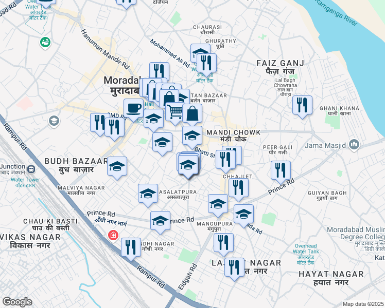 map of restaurants, bars, coffee shops, grocery stores, and more near Seedhi Sarai Road in Moradabad