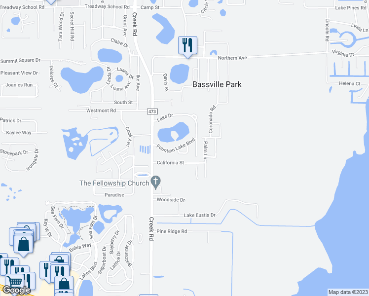 map of restaurants, bars, coffee shops, grocery stores, and more near 11218 Fountain Lake Boulevard in Leesburg