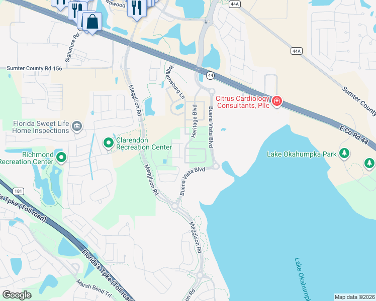 map of restaurants, bars, coffee shops, grocery stores, and more near 5372 Lexington Circle in Wildwood