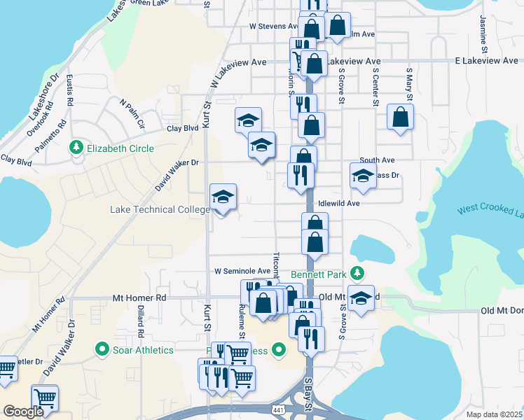 map of restaurants, bars, coffee shops, grocery stores, and more near 206 West Idlewild Avenue in Eustis