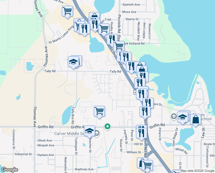 map of restaurants, bars, coffee shops, grocery stores, and more near 1601 Timber Ridge Circle in Leesburg