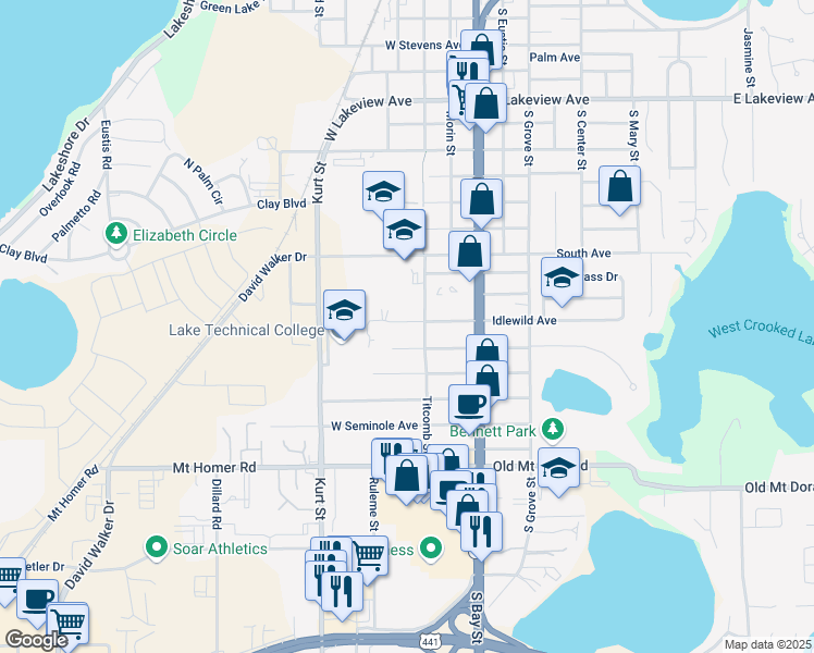 map of restaurants, bars, coffee shops, grocery stores, and more near 206 West Idlewild Avenue in Eustis