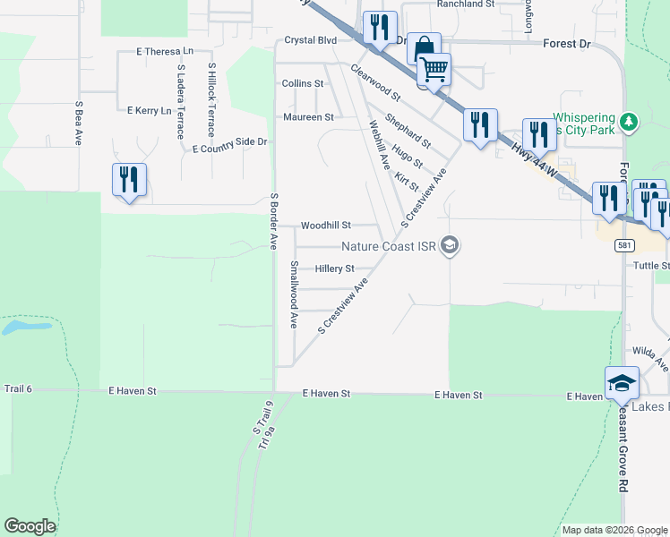 map of restaurants, bars, coffee shops, grocery stores, and more near 2804 Hillery Street in Inverness