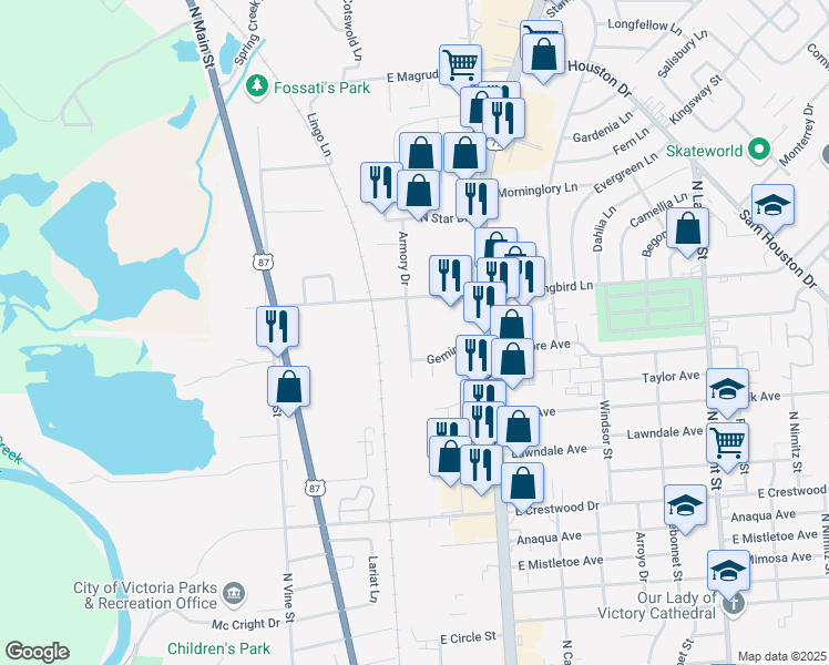 map of restaurants, bars, coffee shops, grocery stores, and more near 114 Gemini Court in Victoria