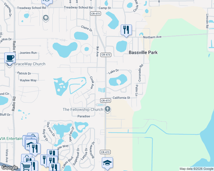 map of restaurants, bars, coffee shops, grocery stores, and more near 11101 Fountain Lake Boulevard in Leesburg