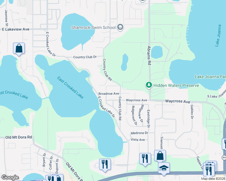 map of restaurants, bars, coffee shops, grocery stores, and more near 2420 Fairway Avenue in Eustis