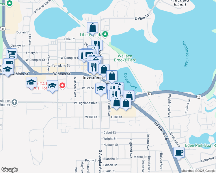 map of restaurants, bars, coffee shops, grocery stores, and more near 110 US Highway 41 South in Inverness