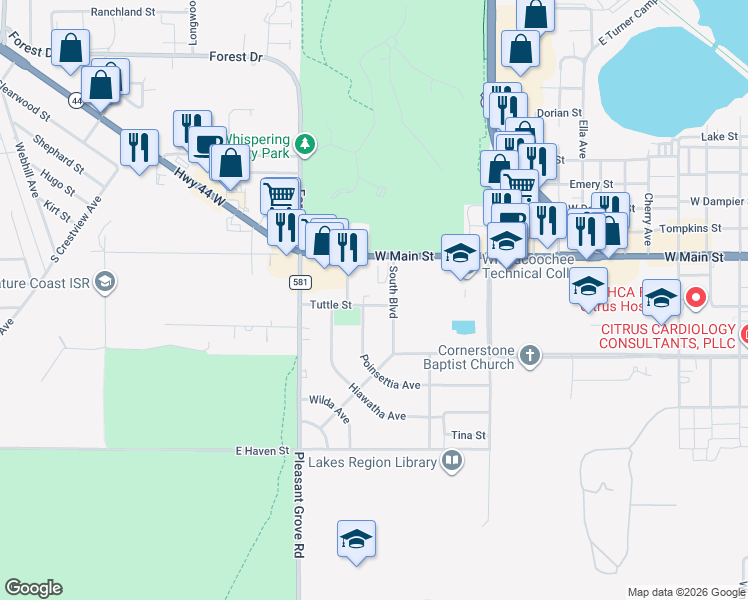 map of restaurants, bars, coffee shops, grocery stores, and more near 1512 Tuttle Street in Inverness