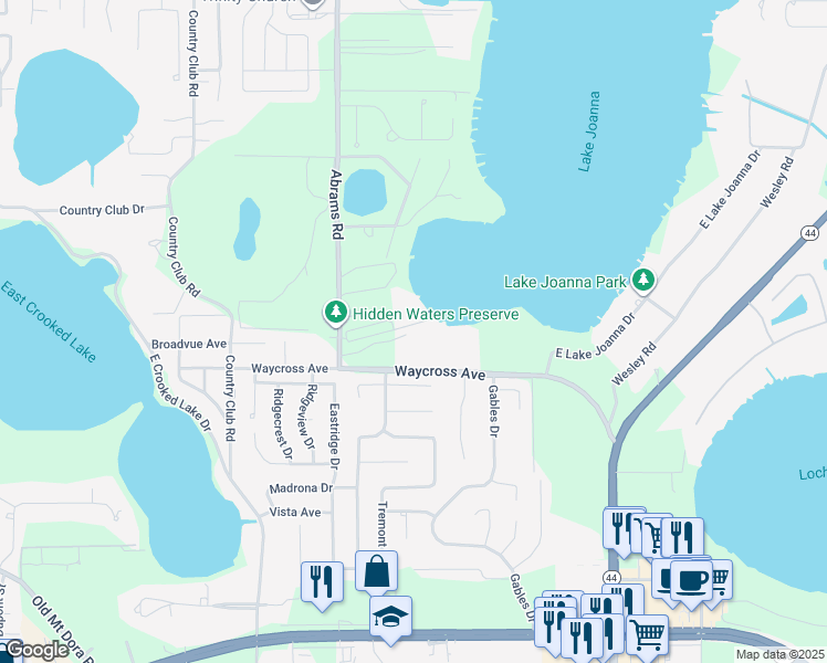 map of restaurants, bars, coffee shops, grocery stores, and more near 2239 Abrams Road in Eustis