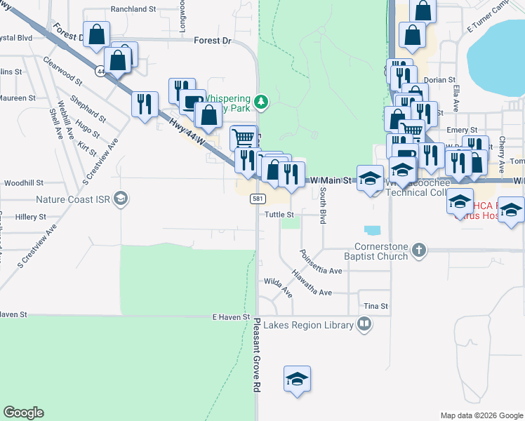 map of restaurants, bars, coffee shops, grocery stores, and more near 109-113 Pleasant Grove Road in Inverness