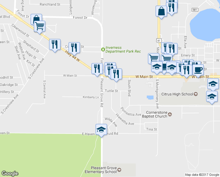 map of restaurants, bars, coffee shops, grocery stores, and more near 1700 Tuttle Street in Inverness