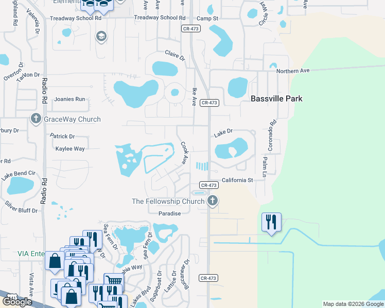 map of restaurants, bars, coffee shops, grocery stores, and more near 33305 Cook Avenue in Leesburg