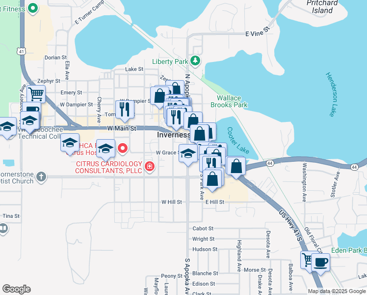 map of restaurants, bars, coffee shops, grocery stores, and more near 110 South Apopka Avenue in Inverness