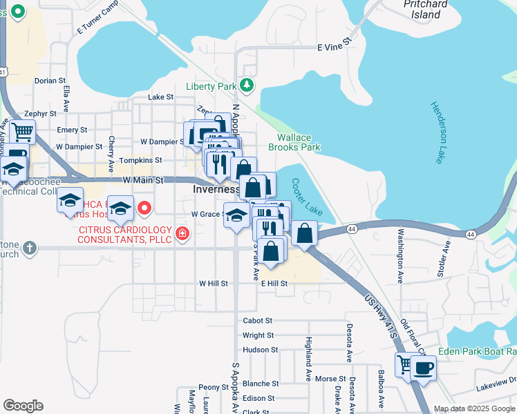 map of restaurants, bars, coffee shops, grocery stores, and more near 110 US Highway 41 South in Inverness