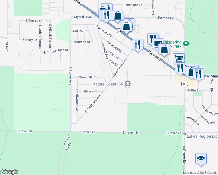 map of restaurants, bars, coffee shops, grocery stores, and more near 115 South Crestview Avenue in Inverness