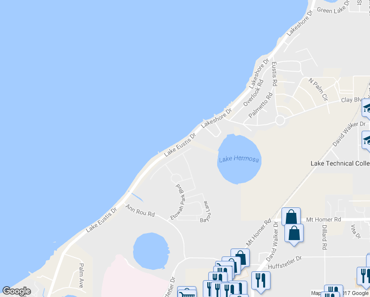 map of restaurants, bars, coffee shops, grocery stores, and more near 1953 Lake Eustis Drive in Eustis