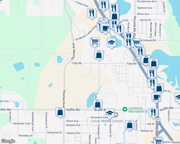 map of restaurants, bars, coffee shops, grocery stores, and more near Leesburg Commons Court in Leesburg