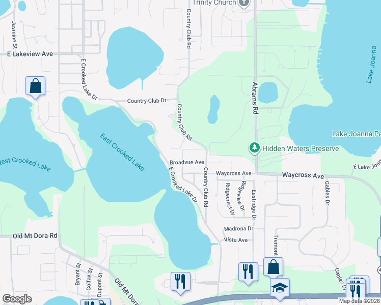 map of restaurants, bars, coffee shops, grocery stores, and more near 2420 Fairway Avenue in Eustis