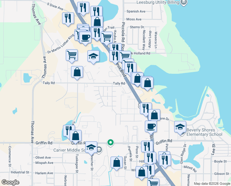 map of restaurants, bars, coffee shops, grocery stores, and more near 1601 Timber Ridge Circle in Leesburg
