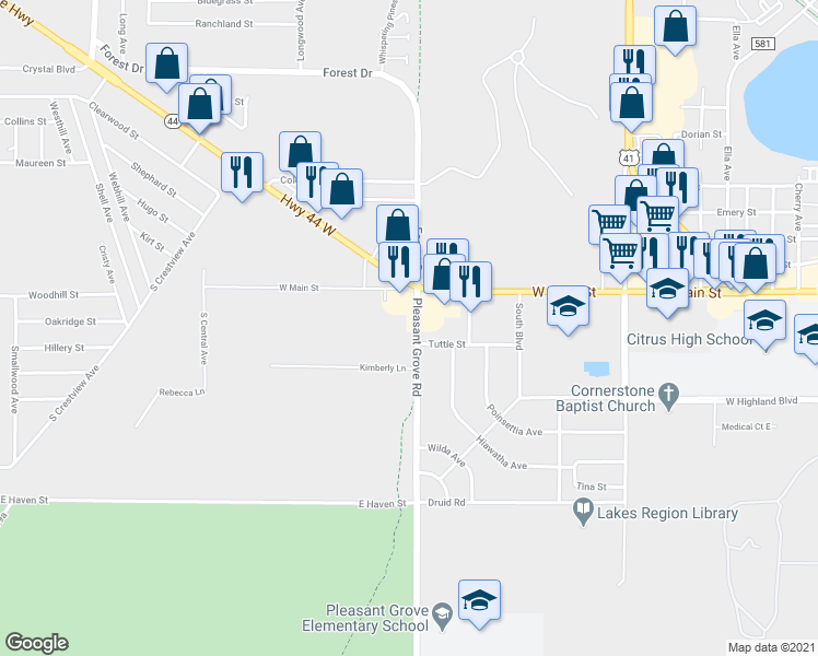 map of restaurants, bars, coffee shops, grocery stores, and more near 109 Pleasant Grove Road in Inverness