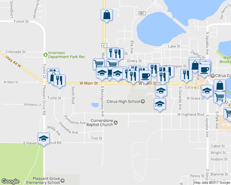 map of restaurants, bars, coffee shops, grocery stores, and more near 1007 West Main Street in Inverness