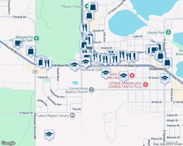 map of restaurants, bars, coffee shops, grocery stores, and more near 1007 West Main Street in Inverness