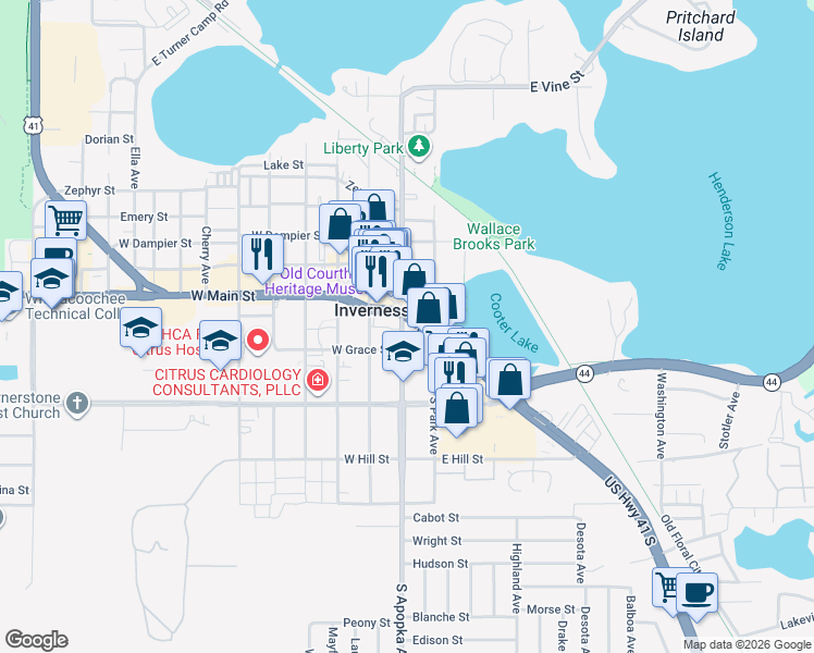 map of restaurants, bars, coffee shops, grocery stores, and more near 110 S Apopka Ave in Inverness