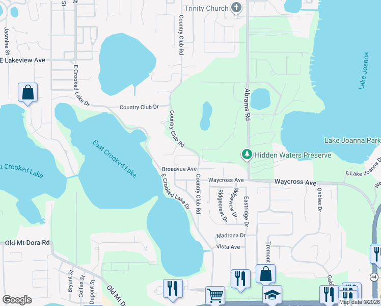 map of restaurants, bars, coffee shops, grocery stores, and more near 2420 Fairway Avenue in Eustis
