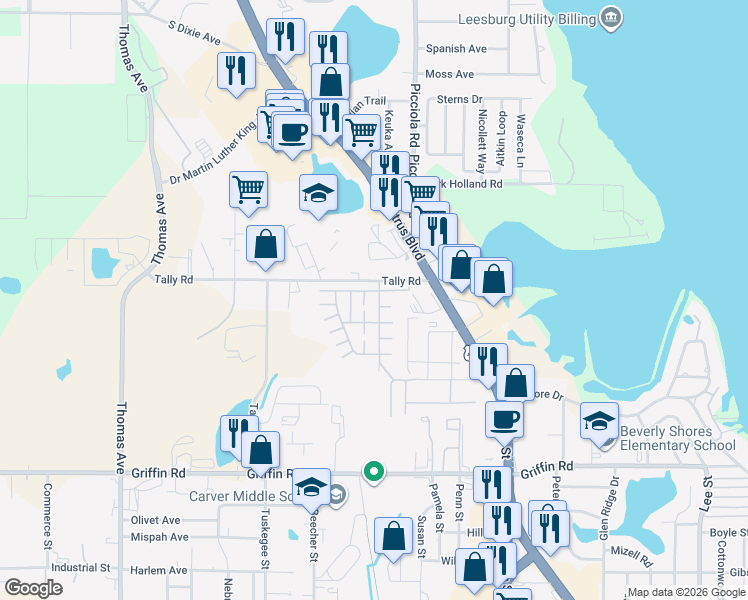 map of restaurants, bars, coffee shops, grocery stores, and more near 1601 Timber Ridge Circle in Leesburg