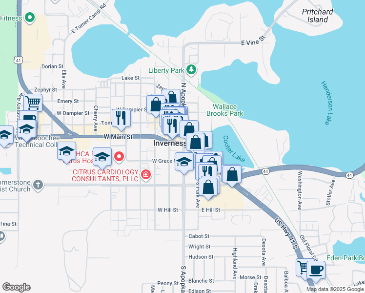 map of restaurants, bars, coffee shops, grocery stores, and more near 110 S Apopka Ave in Inverness