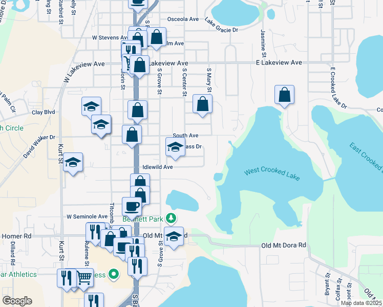map of restaurants, bars, coffee shops, grocery stores, and more near 411 Ryans Ridge Avenue in Eustis