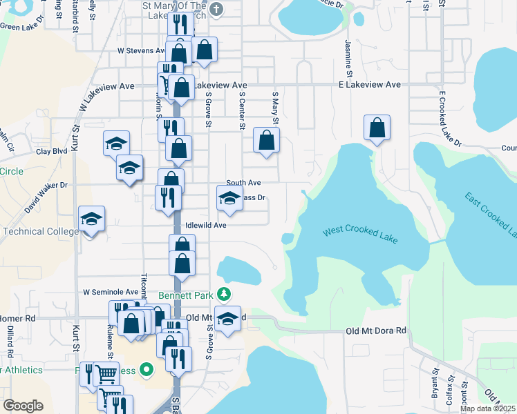 map of restaurants, bars, coffee shops, grocery stores, and more near 427 Ryans Ridge Avenue in Eustis