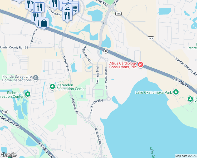 map of restaurants, bars, coffee shops, grocery stores, and more near 5293 Heritage Boulevard in Wildwood