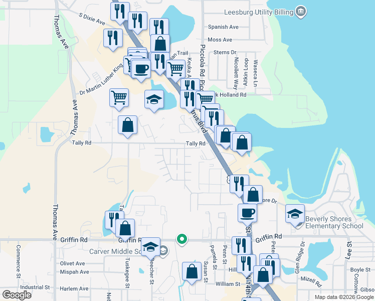 map of restaurants, bars, coffee shops, grocery stores, and more near 1922-1948 Tally Road in Leesburg