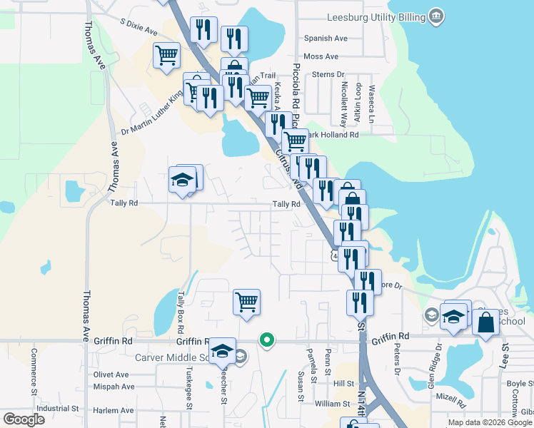 map of restaurants, bars, coffee shops, grocery stores, and more near 1601 Timber Ridge Circle in Leesburg